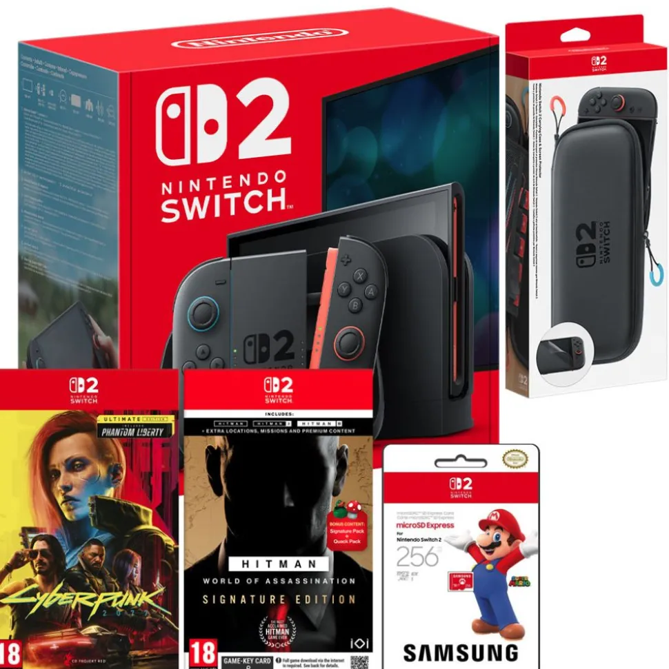 Nintendo Switch 2 Console with Carry Case, Cyberpunk 2077, Hitman WOA + 256GB Micro SD Card